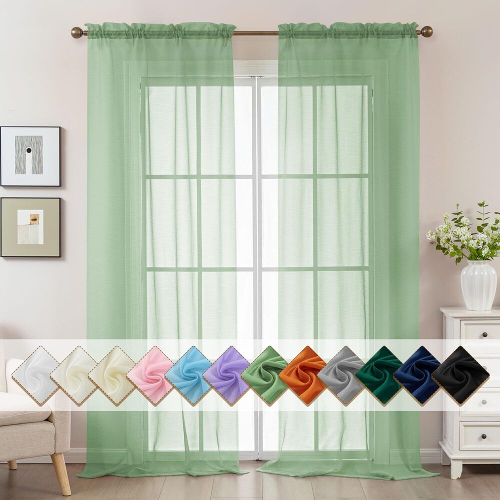Set of 2 Curtain Panels, 42"W x 108"L Sheer Curtains, Rod Pocket (Sage Green)